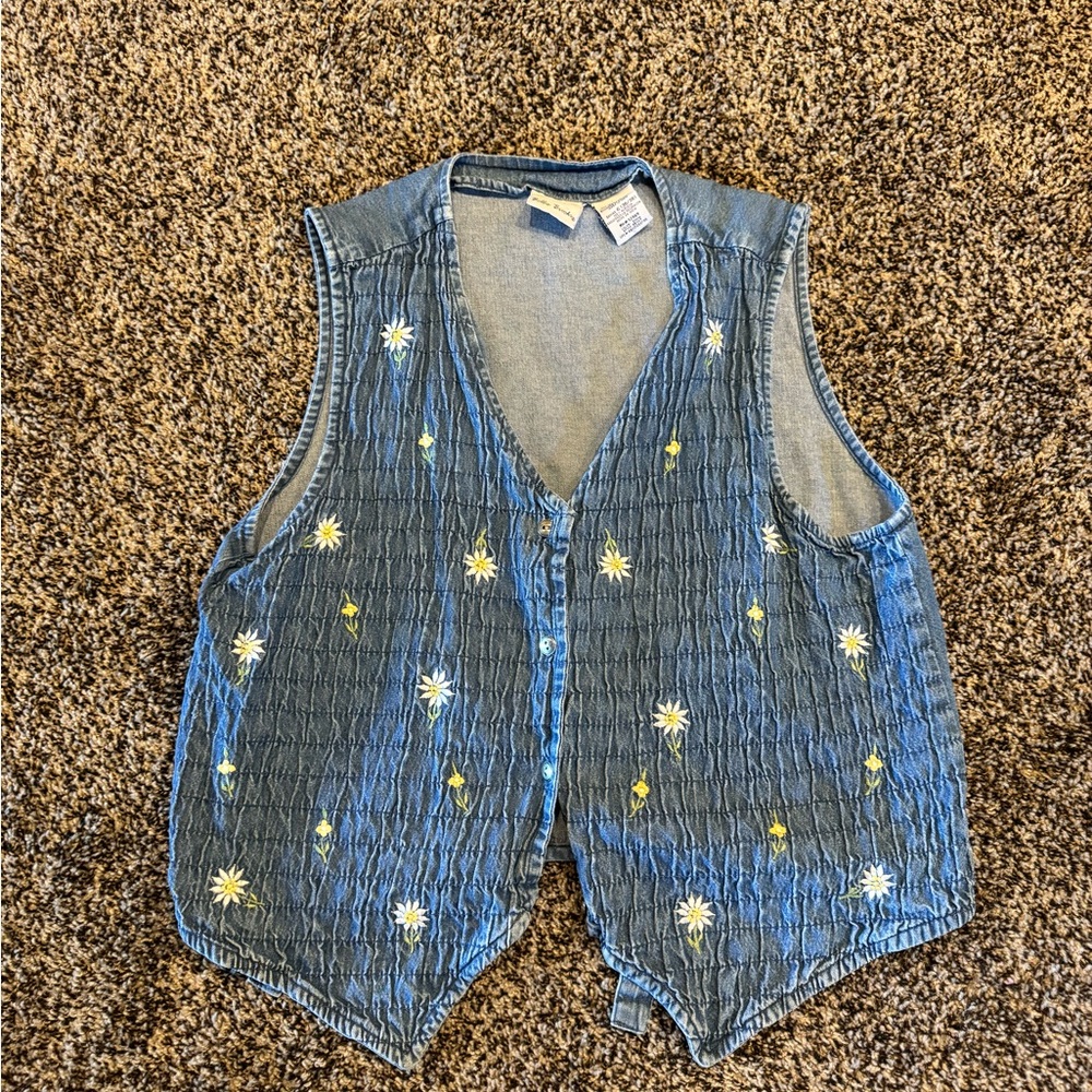 Vintage Bobbie Brooks Blue Denim Vest with Floral Embroidery